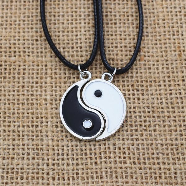 

wholesale-1pair couples vintage friend black white enamel tai chi yin yang pendant women men pu leather necklace friendship jewelry, Silver