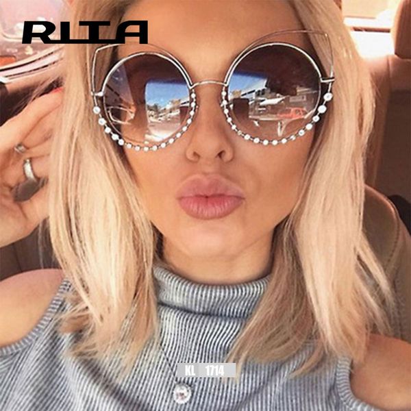 

wholesale- 2017 rita fashion cat eye sunglasses women coating reflective mirror diamond decoration glasses kl1714 female shades uv400, White;black