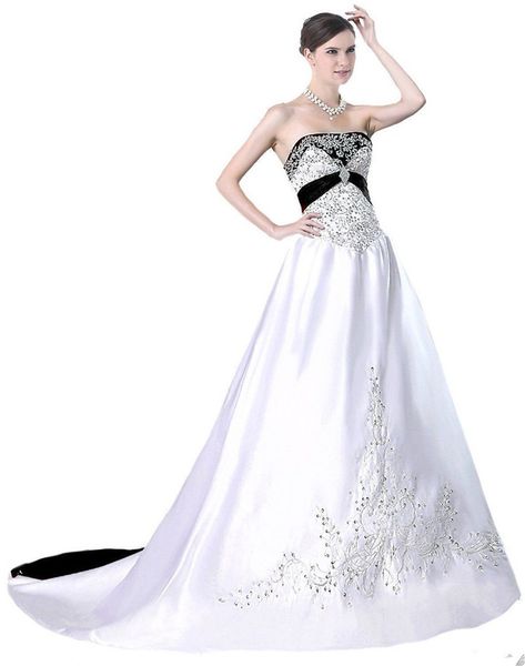 

2019 strapless white and black a line wedding dress satin new embroidery crystal colorful bridal gowns custom made sparkly sash beads