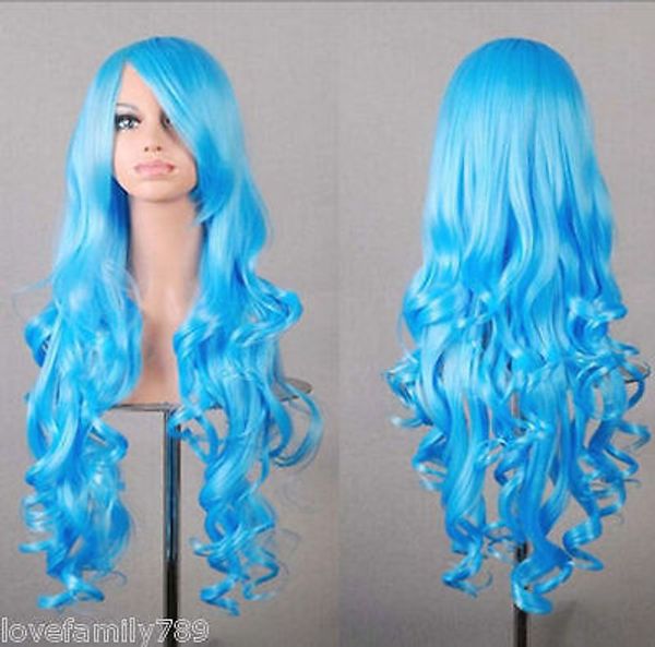 

gt;>>new women girl long curly sky blue fancy wig, Black;brown