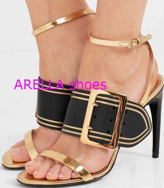 

2017 new women buckle sandals ankle strap high heels wedding shoes open toe gladiator sandals thin heel gold match black mixed color pumps