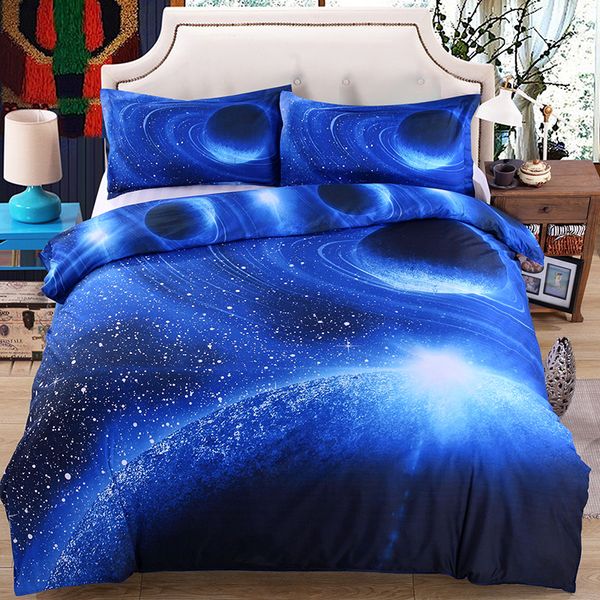 

wholesale- new 3d print galaxy universe bedding set for teen boy blue starry sky zipper duvet cover flat sheet with 2 pillowcases bed linen