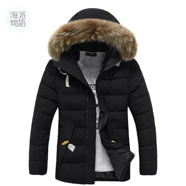 

wholesale- winter men casual warm jackets coats wear warm jacket with fur hat abrigos chaqueta hombre veste homme 3 color, Black