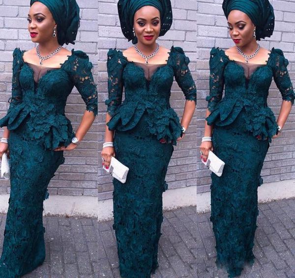 

luxury aso ebi style modest full lace evening dresses mermaid juliet square long sleeves peplum formal dresses dark green women prom gowns, Black;red