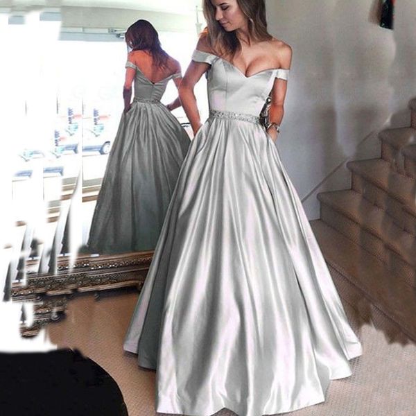 

stunning modest prom dresses off the shoulder evening gown silver a line guest dress with beaded waist and fashin pockets custom made, Black