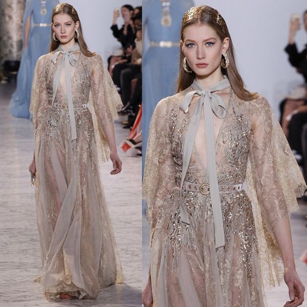 

2017 elie saab кружева пром платья с длинными рукавами глубокий v шеи бисером вечерние платья see through стразы вечернее платье, Black