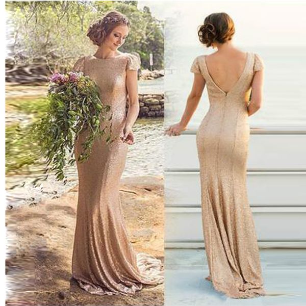 

exquisite god sequins long mermaid prom dresses 2017 jewel cap sleeve evening dress zipper v-backless bridals gown, Black