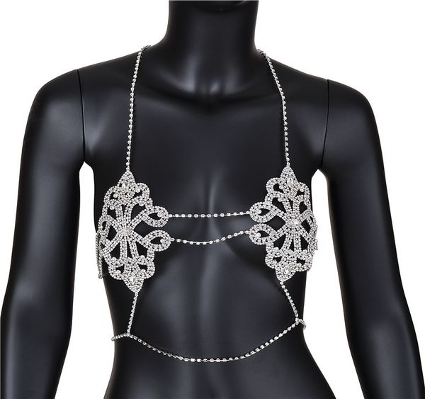 

brand crystal hollow flower bikini bra body chain women bling summer beach belly chain body jewelry choker necklace, Silver