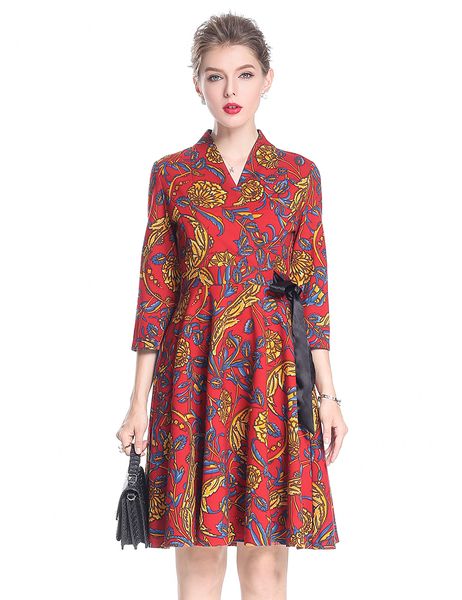 

vintage print women a-line dress half sleeve with bow tie plus size work dresses 0917168, White;black