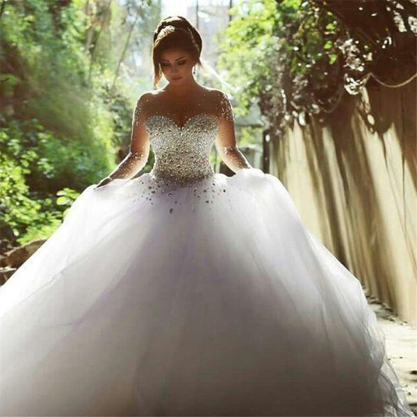 

vestidos de novia con mangas nude with crystal sweep train scoop rhinestone wedding dresses gown bling bling bridal gowns, White