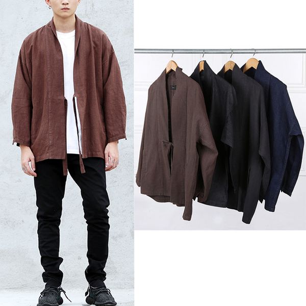 

wholesale- 2016 japan hip hop fashion windbreaker coat kanye west stage wear mens european clothing black/brown linen denim kimono jacket