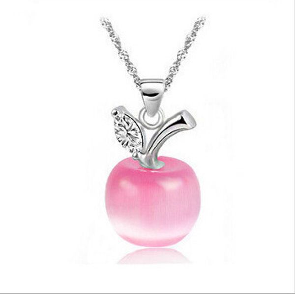 

new korean version of the trendy jewelry fashion alloy high - end clavicle chain cute little apple cat 's eye stone pendant necklace, Silver