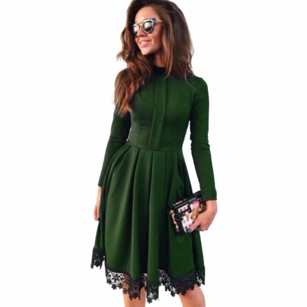 

wholesale- 2017 summer new fashion women casual long sleeve dress green party o-neck lace dresses plus size s-4xl size, White;black