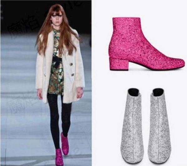 

glitter ankle boots for women rhinestone shoes low heel pointed toe booties gold silver pink botas mujer plus big size winter autumn, Black