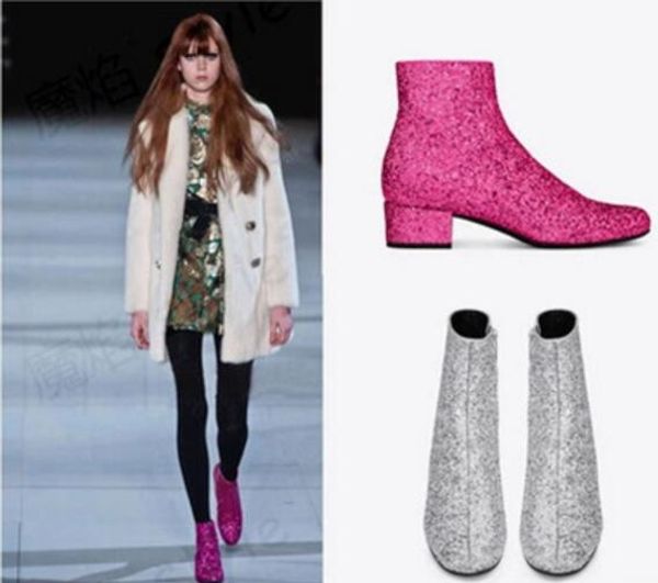 Stivaletti con glitter per le donne Scarpe con strass Tacco basso Stivaletti con punta a punta sexy Oro argento rosa botas mujer Plus Big Size Inverno Autunno