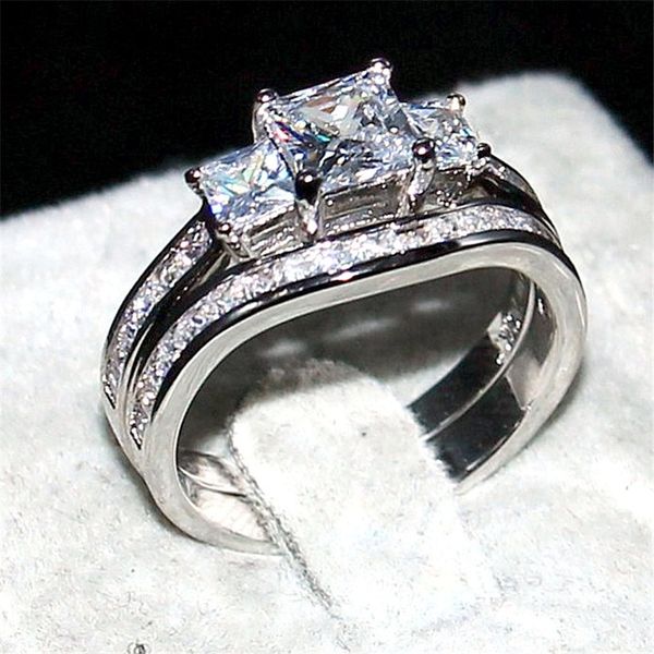 Retro silod 10KT Branco ouro preenchido Quadrado de Três-pedra Simulado Diamante CZ Anel Set 2-em-1 Anéis de Noiva de Casamento para As Mulheres Tamanho 5-10