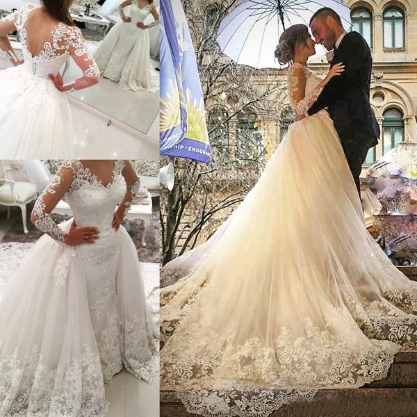 Modest 2017 Lace Applique Overskirt Vestidos De Noiva Com Trem Destacável Manga Longa de Tule Vestidos De Noiva Custom Made China EN12169