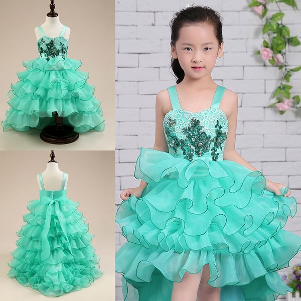 

blue white high low flower girl dresses for weddings organza ruffles lace applique beaded little girl pageant party birthday communion dress, White;blue