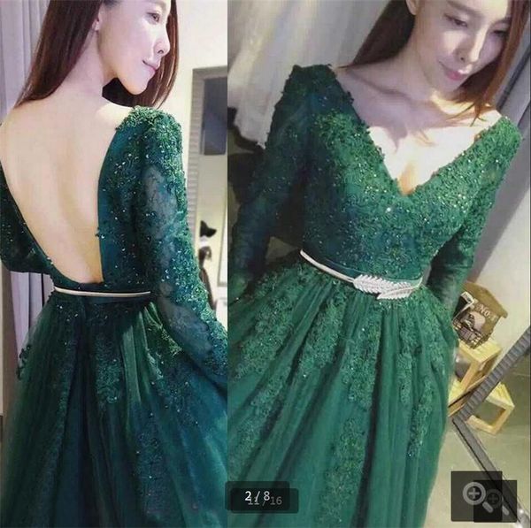 Real Picture Hunter Green Lace Appliques Prom Vestido de Manga Longa Backless Sexy Beading Formal Noite Vestidos com cinto de ouro