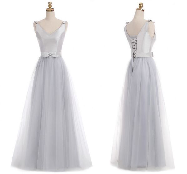 

real 2021 silver junior bridesmaid dresses v neck sleeveless a line floor length long tulle with bow bridesmaid dresses, Blue;red