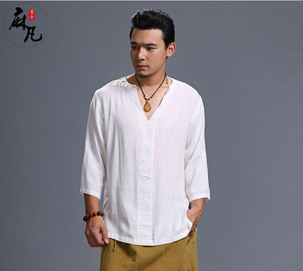 

wholesale- summer folk style fashion literary v collar thin slub cotton linen men's shirt men's shirts men shirt, White;black