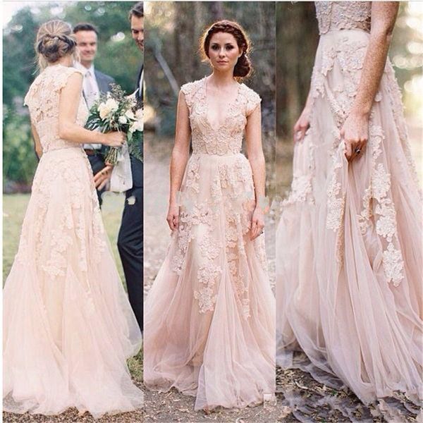 

2017 new elegant champagne wedding dresses a-line lace tulle appliques v-neck wedding party bridal gowns qc296, White