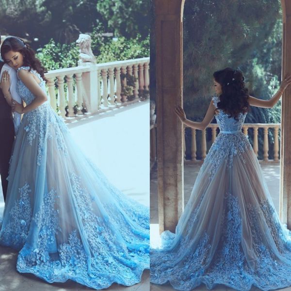 Abiti da ballo con applicazioni di pizzo blu ghiaccio 2017 Abito da sera senza maniche in tulle con scollo a barchetta Said Mhamad A Line Abito da cerimonia formale Vestidos