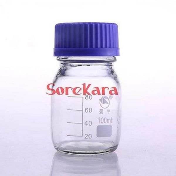 

wholesale- graduated round glass reagent bottle 100ml blue screw cap screw on cover graduation sample vials plastic lid