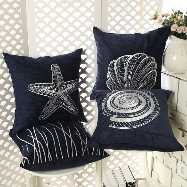 Beach Decor Throw Pillow Case Embroidered Sea Shell Cushion Cover