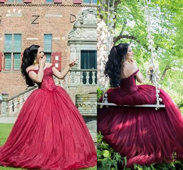 

dark red ball gown prom dresses off shoulder appliques tulle lace up back burgundy wine red evening gowns quinceanera dresses sweet 16 dress, Black