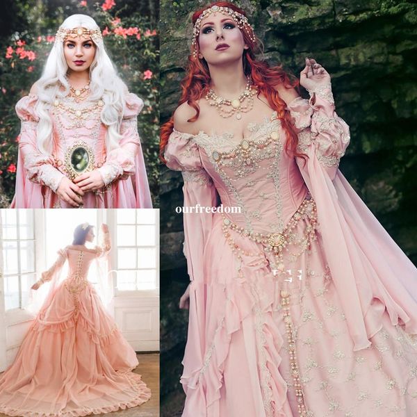 

medieval pink ball gown wedding dresses 2019 off the shoulder royal sleeve pearls garden bridal gown vintage lace up custom made, White