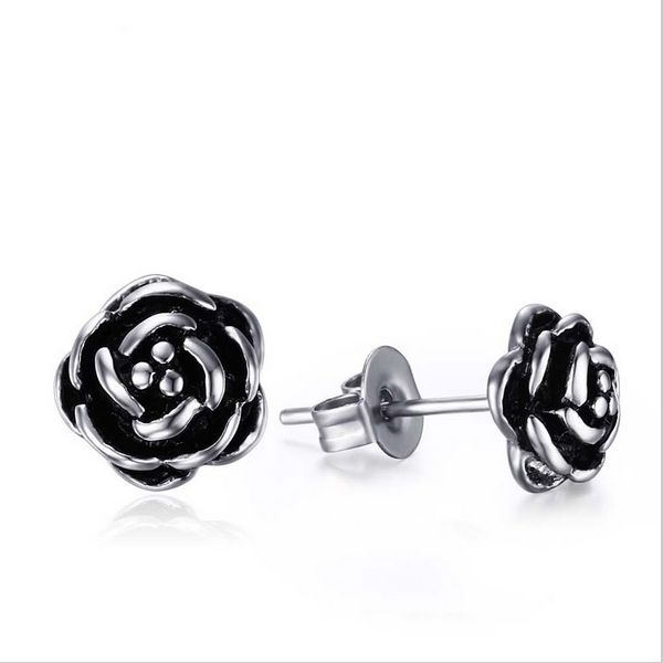 

jewelry women's 316l stainless steel rose flower stud earrings vintage gothic charm earring black es-114, Golden;silver