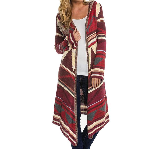 

wholesale- kimono cardigan sweater 2017 women geometric printed long sleeve cotton coat fashion hooded knitted poncho plus size coats, White;black