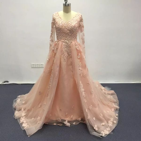 V-ausschnitt langarm spitze applique abendkleid a-line tulle perlen promkleid formale tragen maßgeschneidert