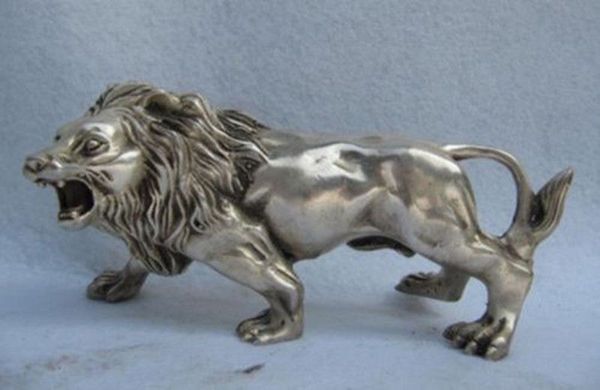 China Folk Raffinato rame bianco argento felino animale feroce leone maschio statua
