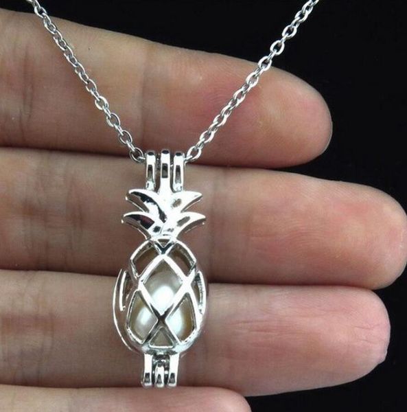 

love wish pearl cages locket pineapple/pterosaurs/unicorn pendant necklace hollow out oyster freshwater pearls pendant necklace diy jewelry, Silver