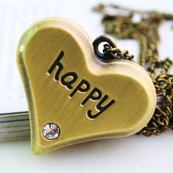 Crystal Shiny Happy Watch Vintage Style Love Heart Locket Pocket Pendant Quartz Bronze Long Necklace Sweater Chain For Women Festina