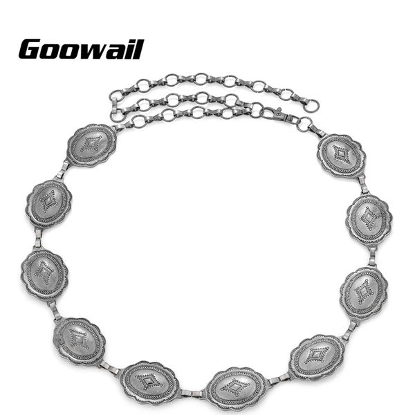 

wholesale- goowail 2017 new arrived fashion chain belts for women textured concho chain belt for ladies, Black;brown