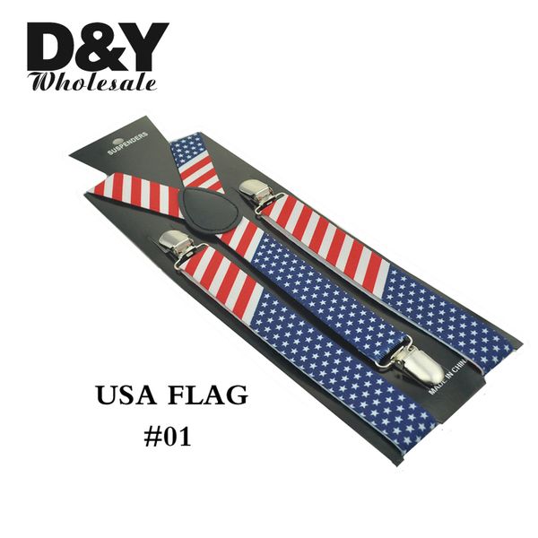 

wholesale-2.5cm/1inch wide usa america flag pattern suspender clip-on braces elastic slim suspender y-back braces, Black;white