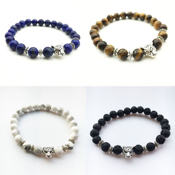 

8mm natural stone silver plated leopard head strands beaded bangle for women men charm bracelets jewelry, Black
