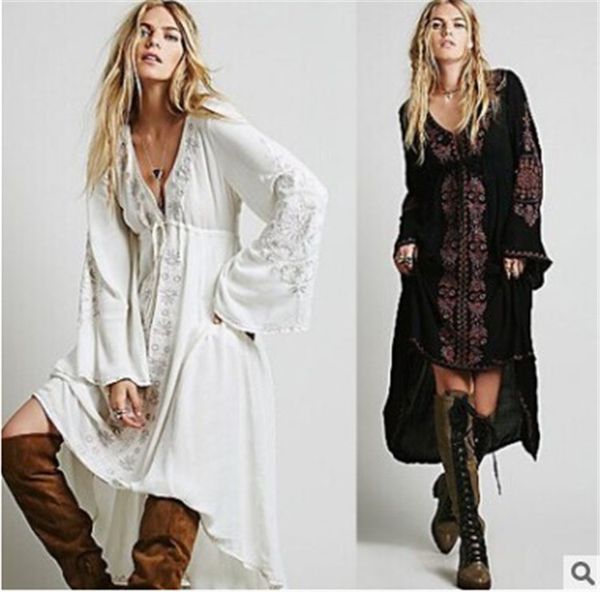 

long-sleeve v-neck embroidery dress, Black;pink