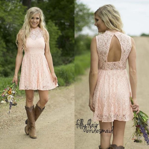 Heißer Verkauf 2016 Nude Pink Full Lace Short Western Country Brautjungfernkleider Günstige Rundhalsausschnitt Ausschnitt hinten Trauzeugin Kleider EF4078