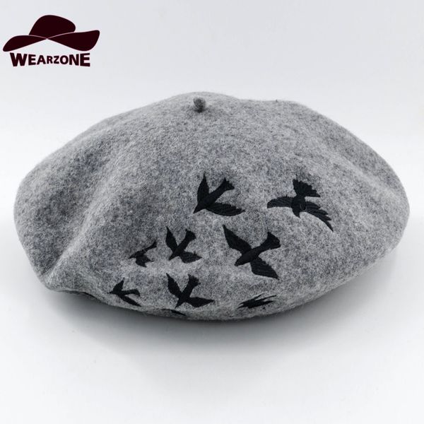 

wholesale-winter hats for women berets knitted wool beret mujer embroidered swallows pattern berets hats baret warm caps boina feminina, Blue;gray