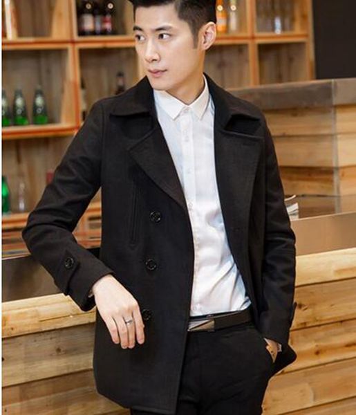 

double-breasted men qiu dong han edition of the new england cultivate one's morality with thick woolen cloth trench coat / m-2xl, Black