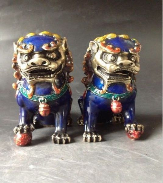 

Пара китайский перегородчатая медная статуя-Лев Foo собака NR
