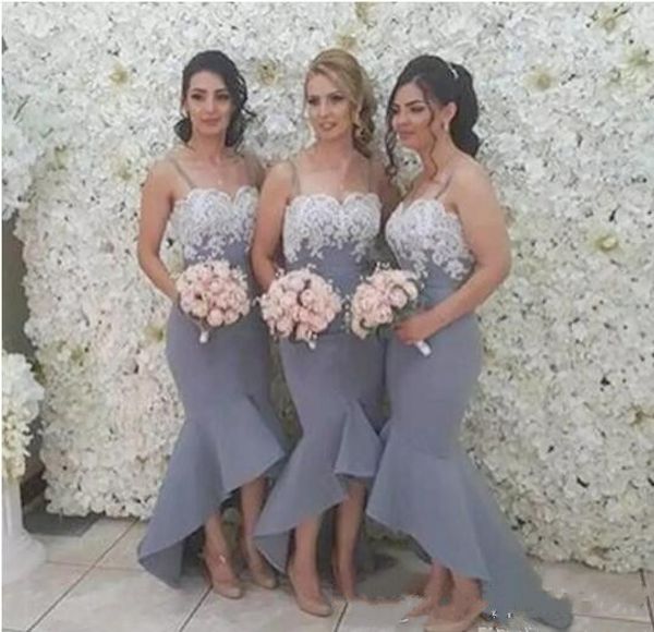 

2017 spaghetti strap hi-lo country mermaid bridesmaid dresses white lace party dresses zipper back maid of honor dresses custom made, Blue;red