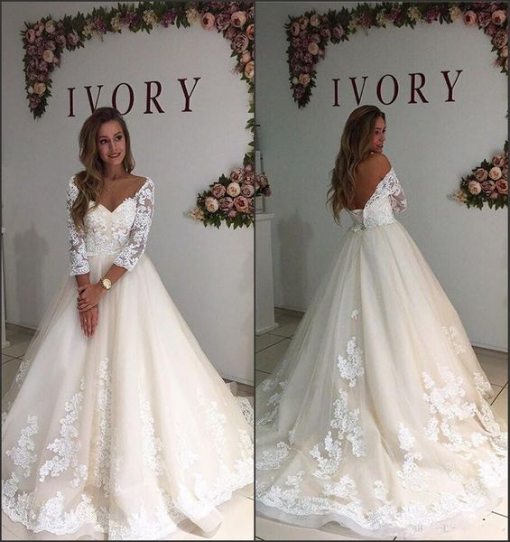 

2017 new ivory lace appliques wedding dresses long sleeve off the shoulder v neck a line bridal gowns vestido de novia custom made, White