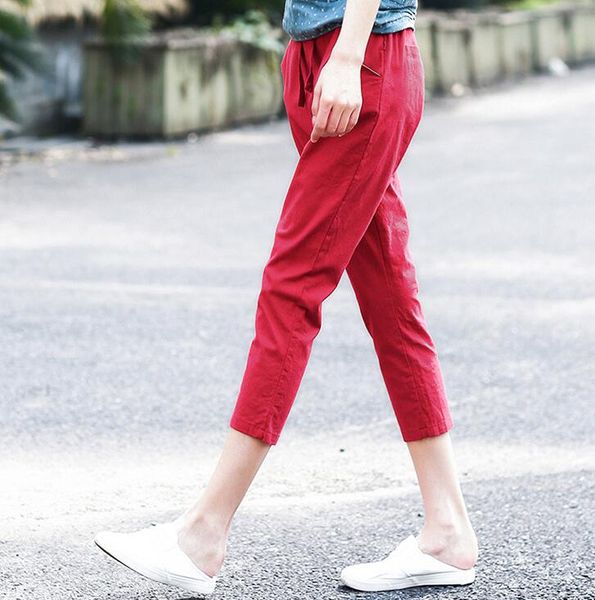 

summer imitation women's pants cotton and linen nine points loose harlan big code tight waist casual pant pw003 & capris, Black;white