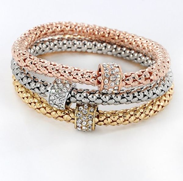 

chic corn stretch bracelets 3-in-1 gold/silver/rose gold corn chain crystal charms geometric multilayer bracelets, Golden;silver