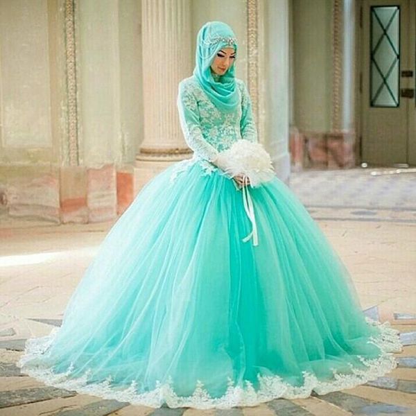 

muslim arabic pakistani dubai ball gown wedding dresses high neck long sleeve turquoise tulle lace appliques long plus size bridal gowns, White